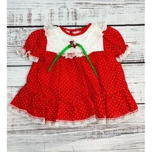 Vintage Baby Girl Red and White Ruffle Lace Holiday Dress 9 months